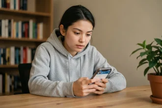 Jeune femme consultant une application de réseau social sur son smartphone pour voir des stories de manière anonyme