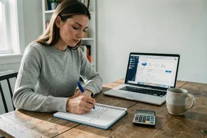 Femme prenant des notes sur la conversion Go en Mo dans un bureau à domicile avec un ordinateur portable et une calculatrice