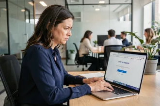 Femme professionnelle frustrée face à un message d'erreur de connexion sur son compte en ligne au bureau
