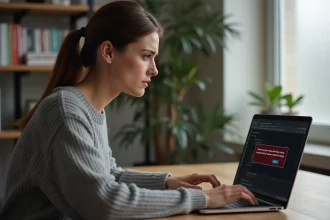 Femme frustrée face à un message d'erreur de connexion sur son ordinateur portable dans un bureau à domicile