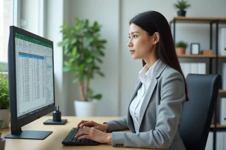 Femme professionnelle travaillant sur un tableau Excel pour transformer des lignes en colonnes dans un bureau moderne