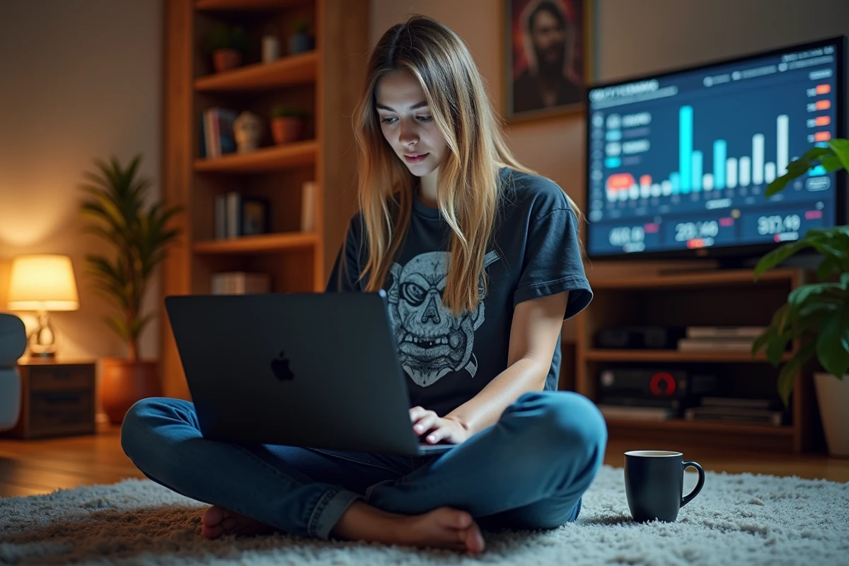 Femme gamer assise sur tapis avec ordinateur portable et ambiance cosy