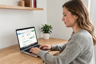 Femme gérant ses contrats Orange sur un portail en ligne depuis son bureau à domicile