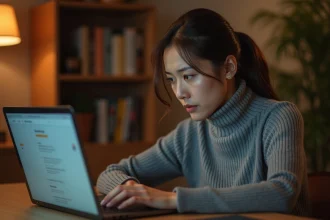 Femme inquiète devant son ordinateur portable consultant sa boîte mail Gmail à son bureau à domicile