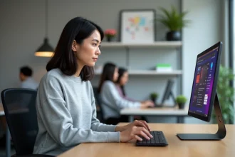 Femme utilisant une interface graphique sur ordinateur de bureau dans un bureau moderne