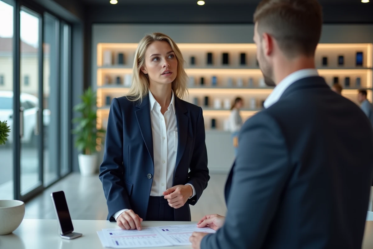 Femme négocie smartphone dans magasin d