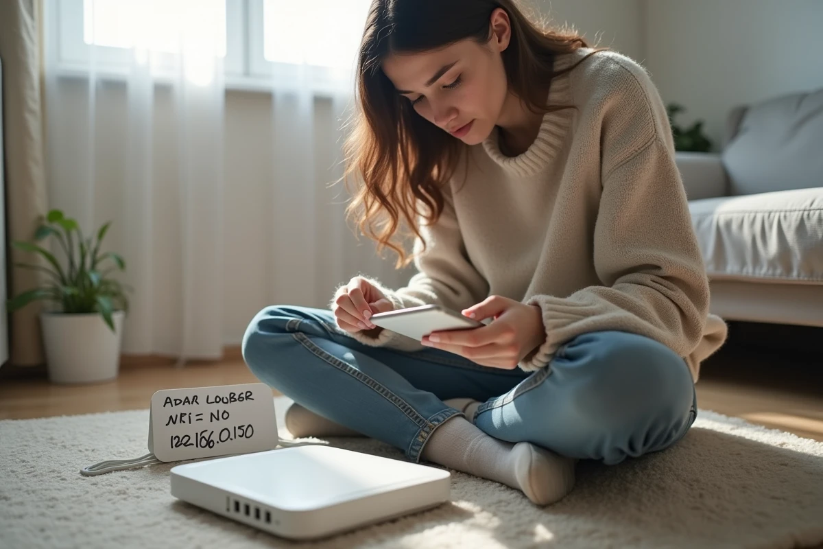 Jeune femme assise au sol avec un routeur wifi et un smartphone