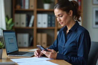 Femme utilisant une application de gestion documentaire sur smartphone pour numériser ses documents administratifs depuis son bureau à domicile