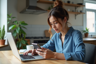 Femme en cuisine urbaine utilisant smartphone et ordinateur