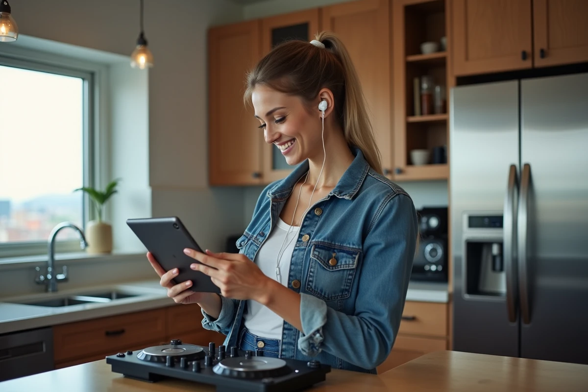 Femme souriante organise musique avec contrôleur DJ dans la cuisine