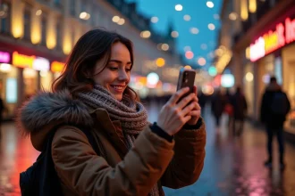 Jeune femme prenant des photos en ville la nuit