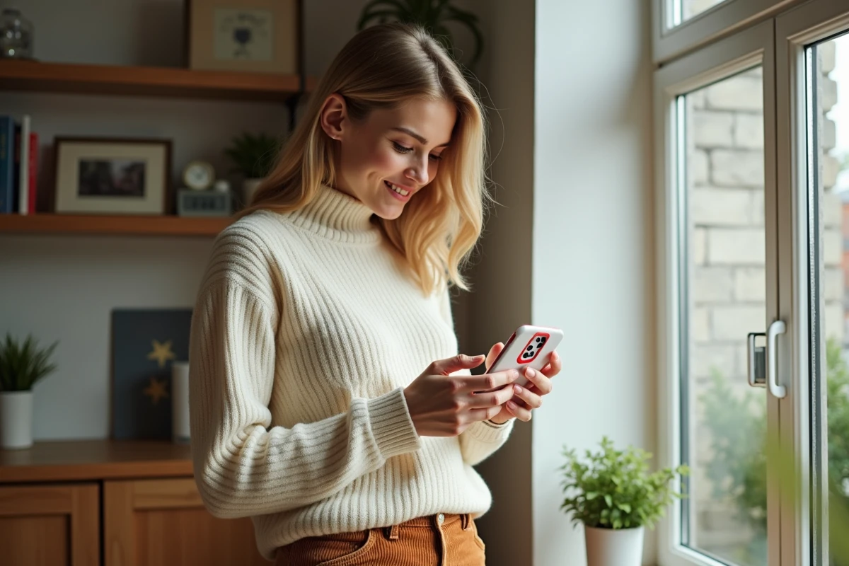 Femme dans un bureau moderne pose un téléphone personnalisé