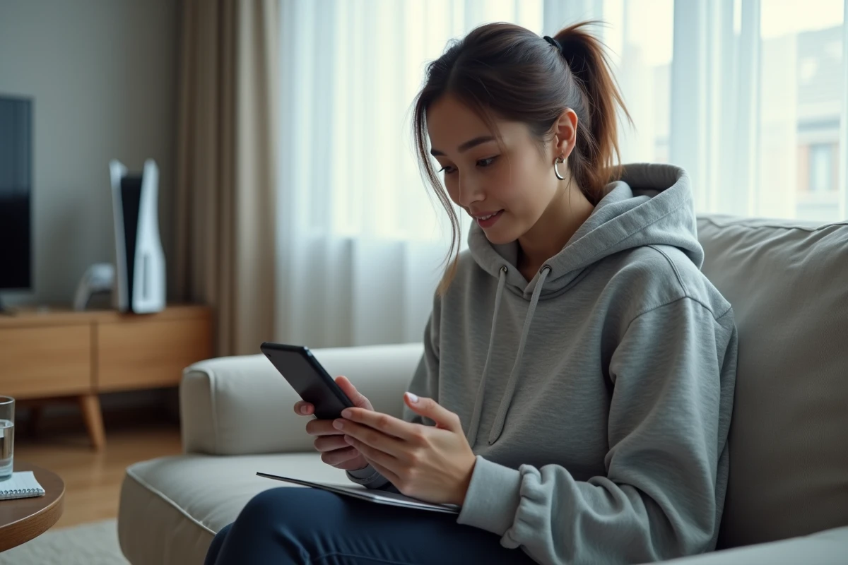 Femme organisée avec une liste de vérification prête à appeler le support téléphonique Sony PlayStation depuis son salon