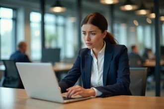 Femme professionnelle lisant attentivement un email en entreprise avec champs Cc et Cci visibles sur son écran