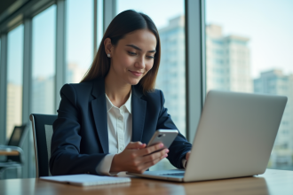 Jeune femme professionnelle utilisant son smartphone pour l'authentification