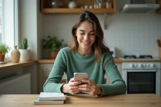 Jeune femme regardant son smartphone avec chat WhatsApp