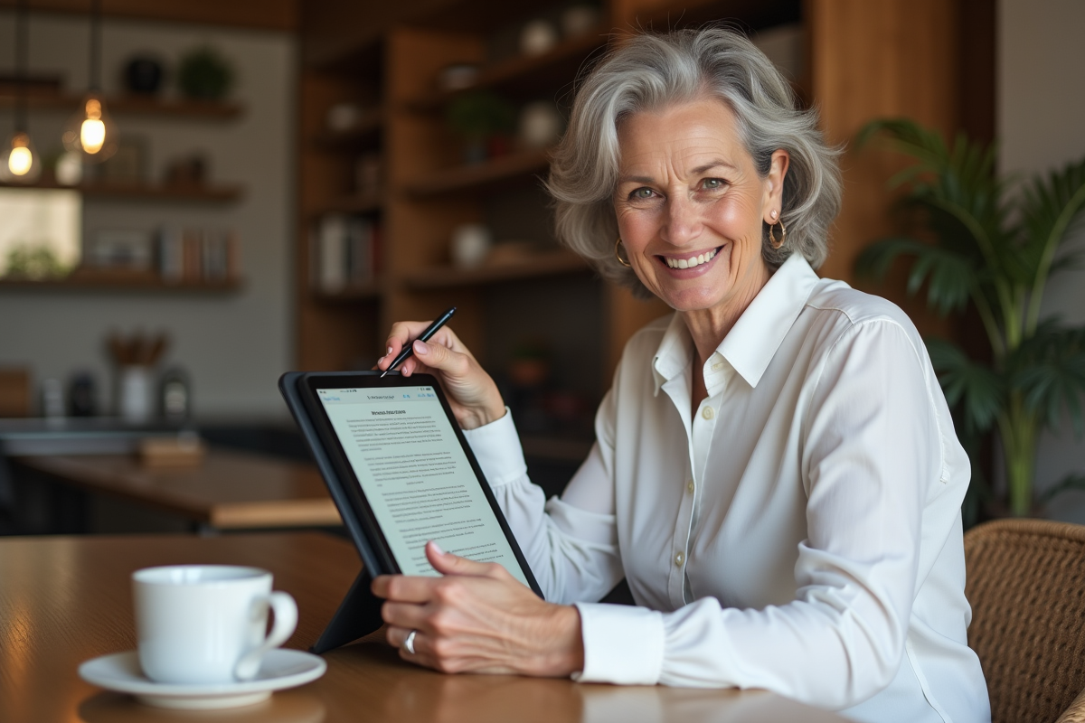 Femme souriante utilisant une tablette à la maison