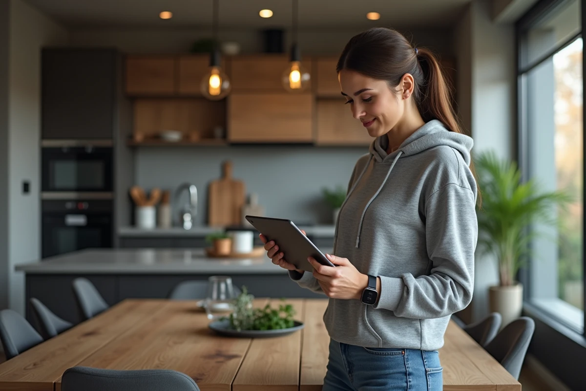 Femme avec tablette montrant un diagramme de reseau domestique