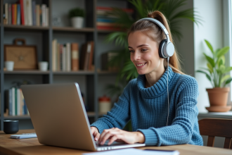 Jeune femme au casque travaillant sur son ordinateur dans un bureau cosy