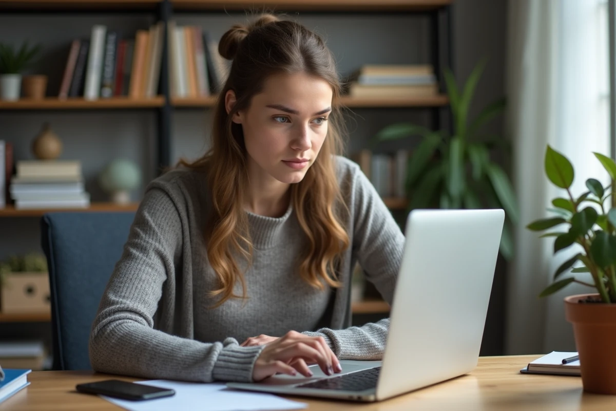 Jeune femme au bureau à domicile compare deux sites de conversion vidéo