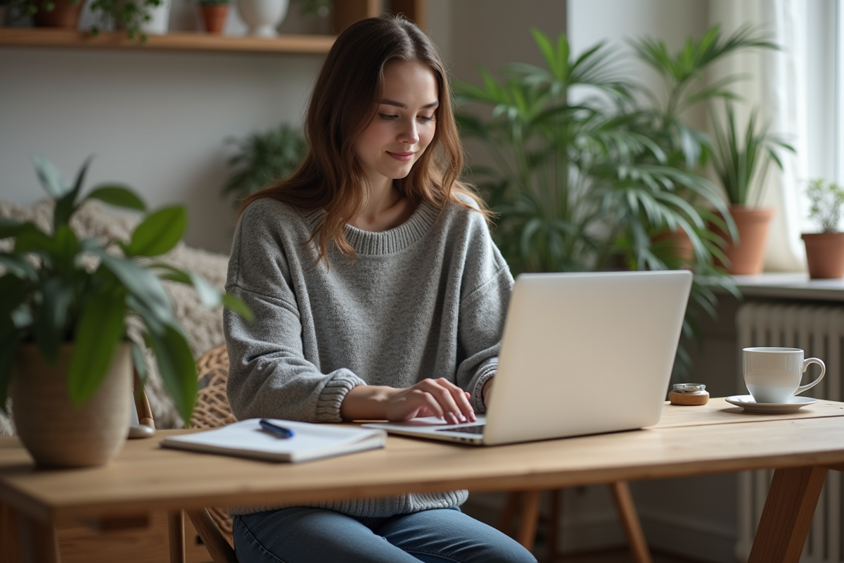 Jeune femme concentrée travaillant à son bureau à domicile