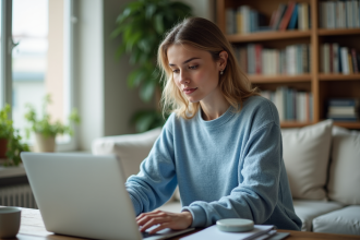 Jeune femme travaillant sur un ordinateur dans un salon lumineux