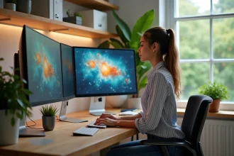 Jeune femme comparant trois écrans en bureau lumineux