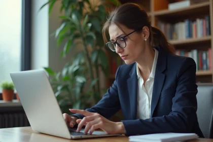Femme inquiète pointant une URL suspecte sur son navigateur web depuis son bureau à domicile