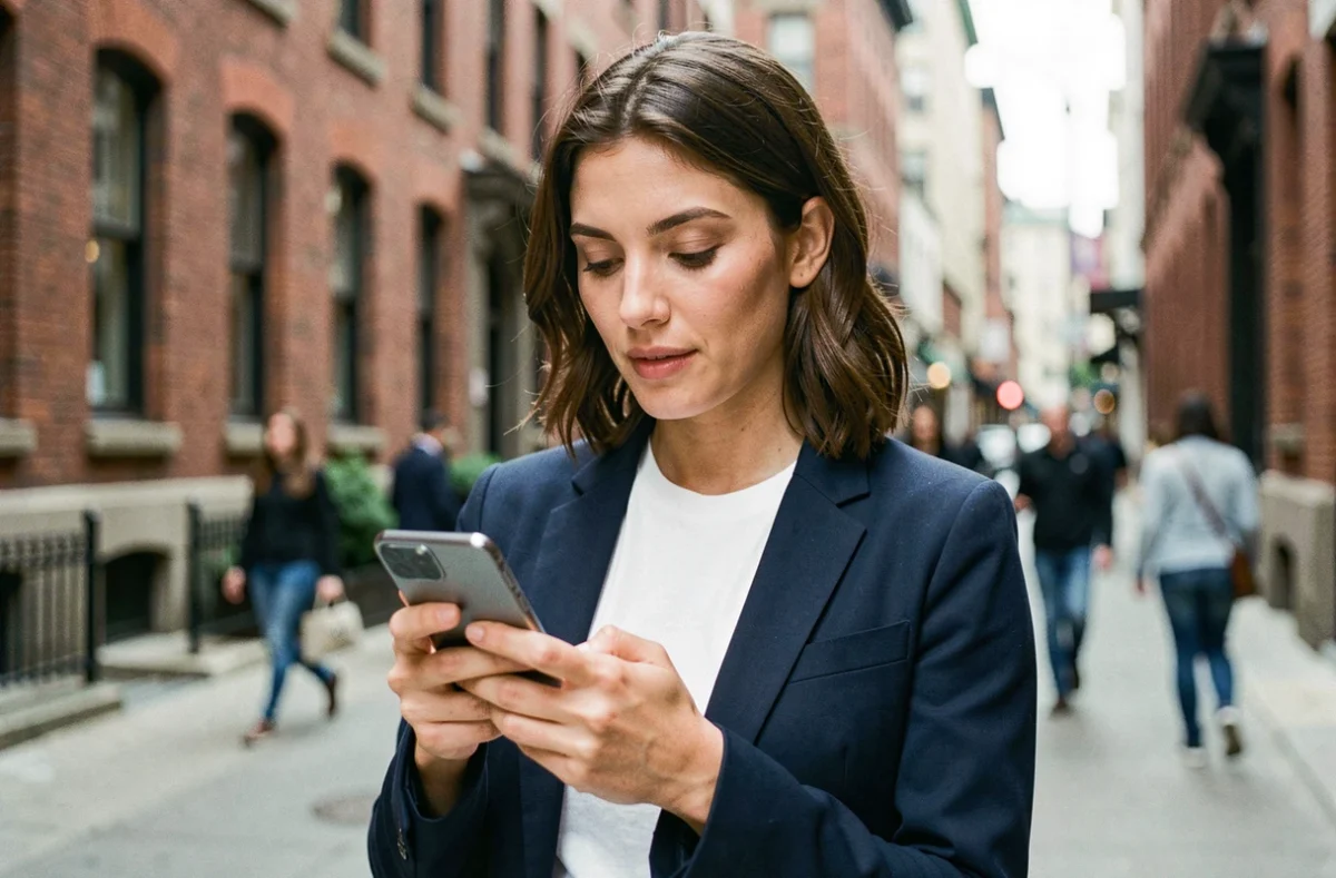 Femme utilisant un smartphone Android premium en ville pour comparer des options d'achat