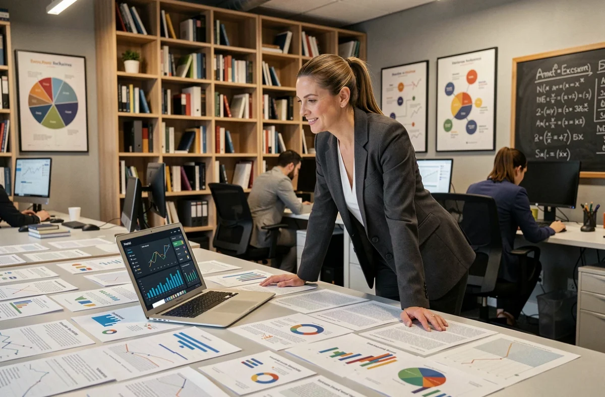 Analyste de l'agence 55 (Fifty-Five) étudiant des rapports de données d'application mobile dans un bureau sophistiqué