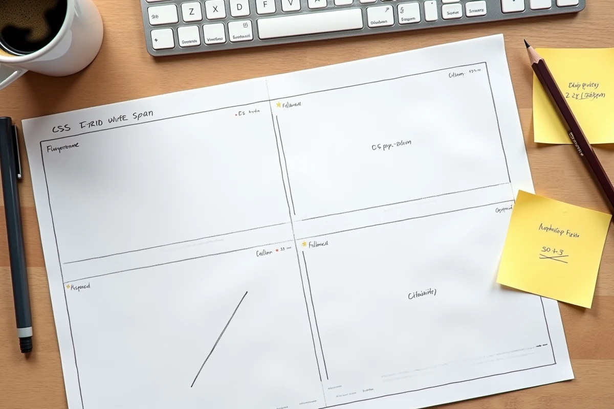 Vue aérienne d'un bureau de designer avec des wireframes CSS grid annotés à la main illustrant les propriétés flex-extend