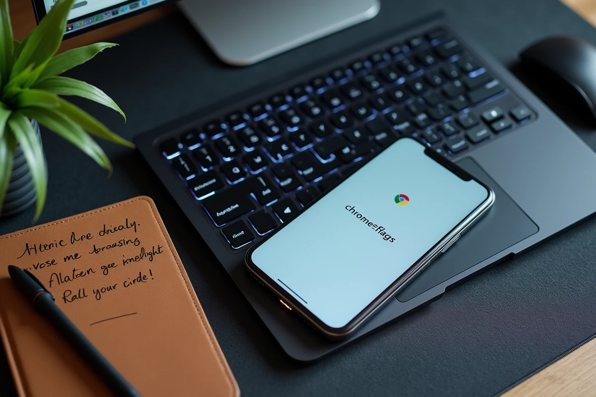 Vue aérienne d'un smartphone affichant chrome://flags posé sur un clavier avec des notes manuscrites sur l'optimisation du navigateur