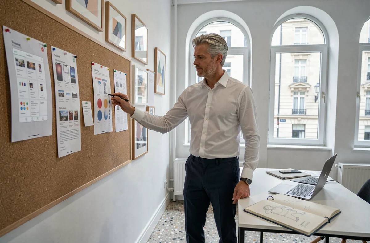 Directeur créatif de Fragments Studio organisant des écrans d'application sur un tableau de liège dans un studio minimaliste
