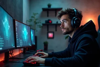 Jeune homme gamer concentré avec casque et clavier mécanique