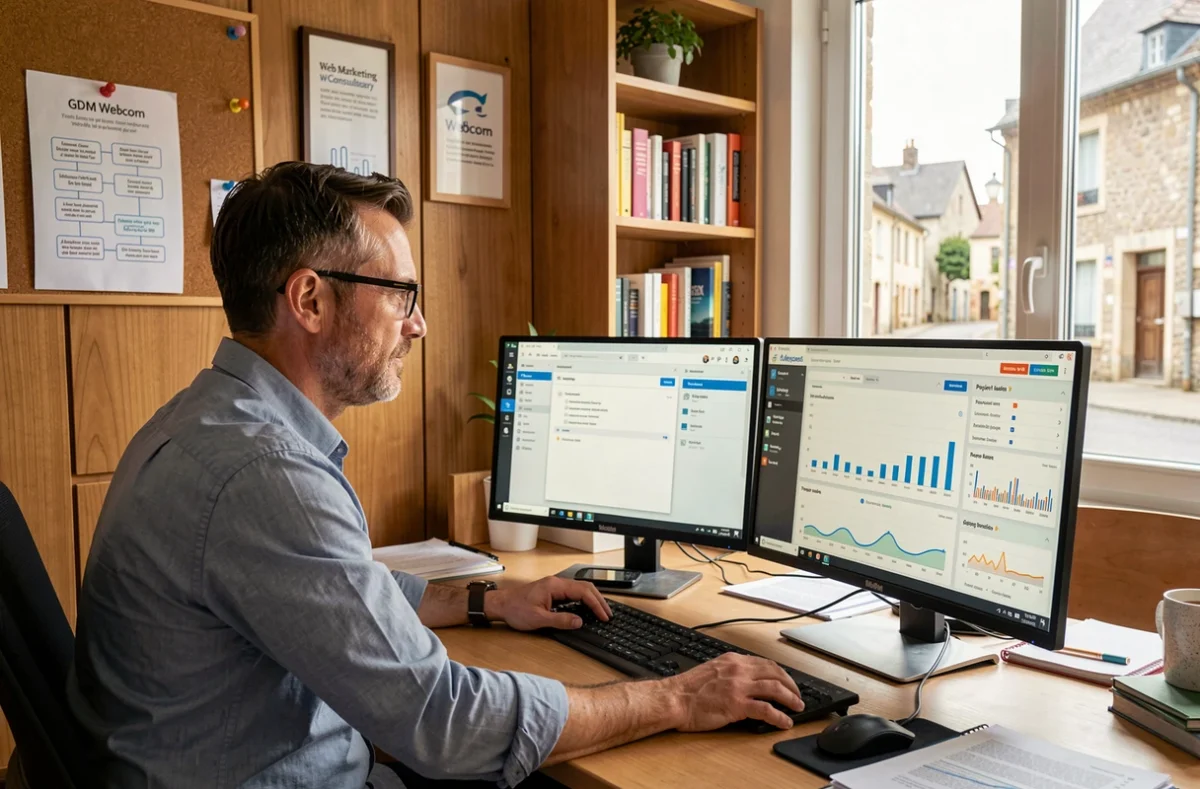 Développeur de GDM Webcom travaillant sur un tableau de bord CMS et SEO dans un bureau professionnel béarnais