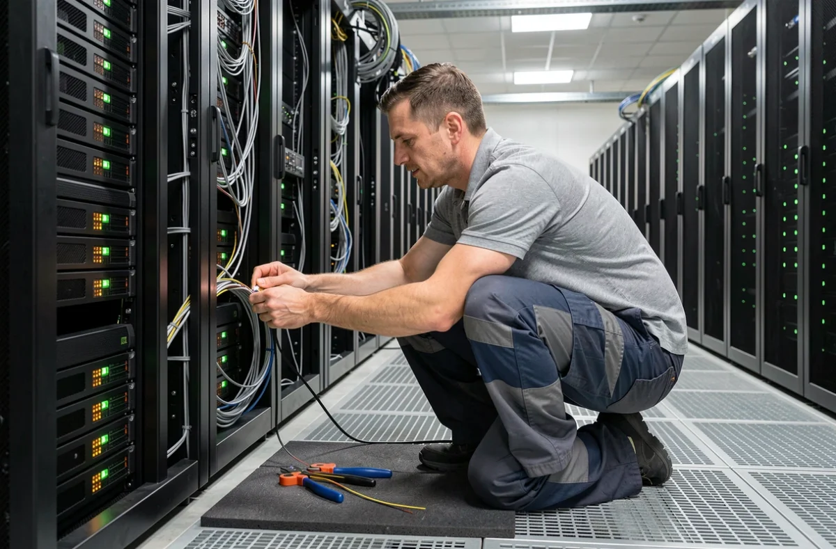 Technicien GDN installant des câbles à fibre optique dans une salle de serveurs professionnelle avec rangées de baies informatiques