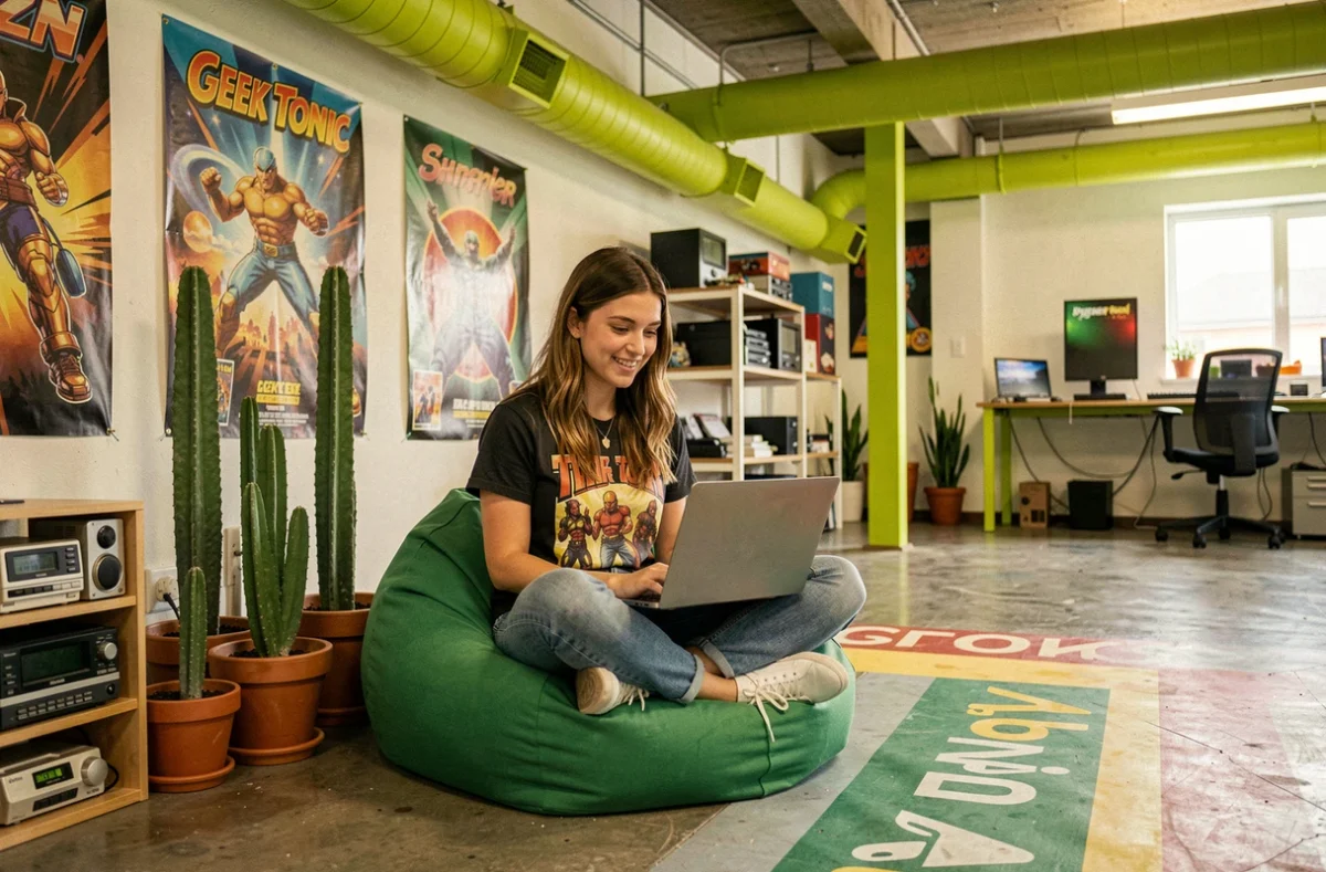 Développeuse de Geek Tonic travaillant dans un bureau créatif et décontracté au style geek et rétro