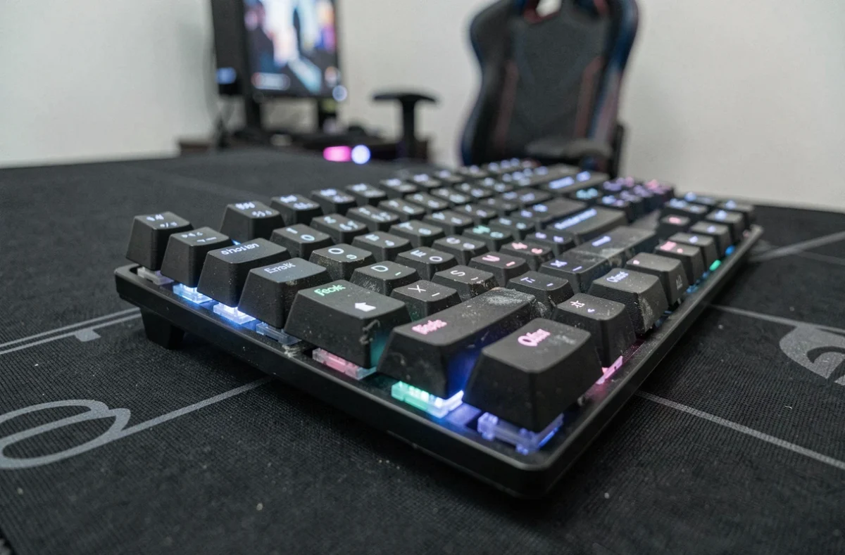 Gros plan détaillé sur les touches d'un clavier mécanique QWERTY gaming avec rétroéclairage RGB