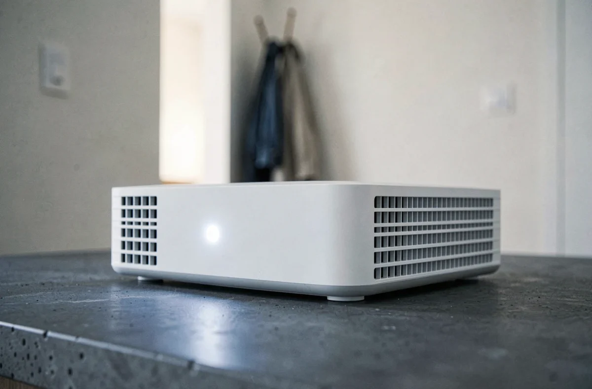 Gros plan sur le voyant blanc clignotant d'une Livebox posée sur un comptoir en béton dans un appartement moderne