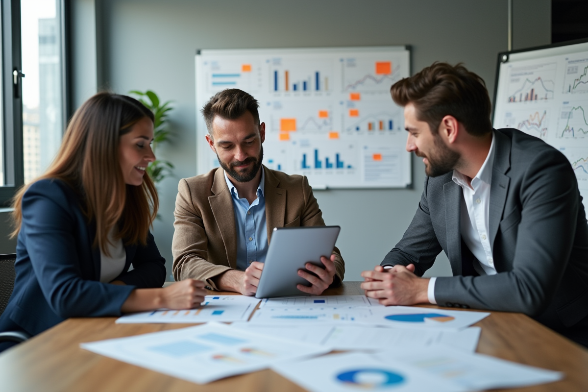 Groupe diversifié de collègues discutant autour de graphiques et de tablettes