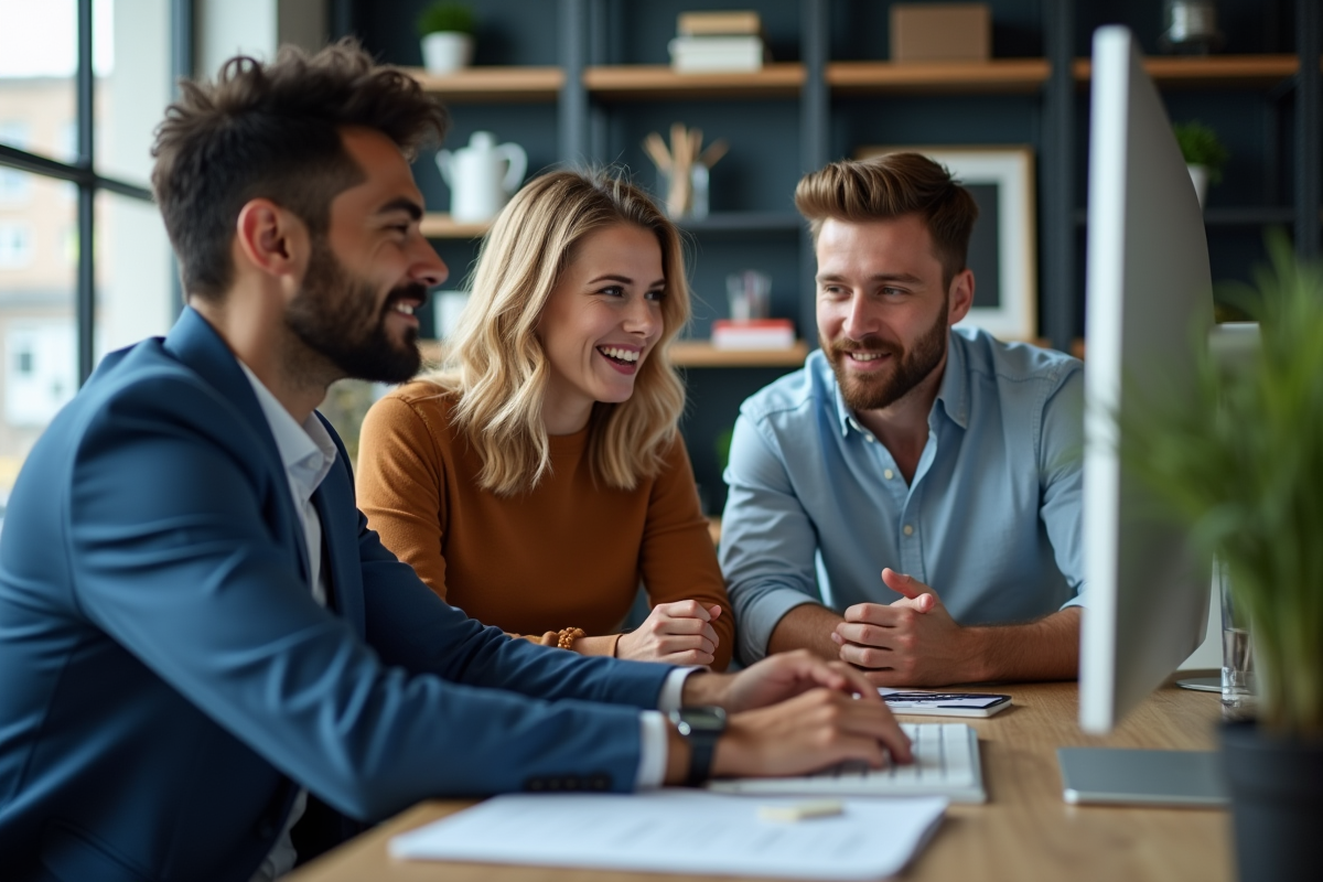 Trois jeunes adultes discutant autour d un ordinateur en bureau moderne