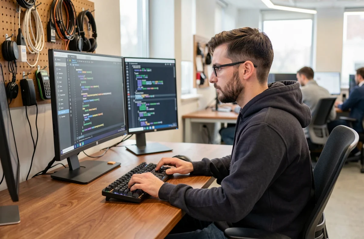 Développeur Hardis Group concentré sur son code dans un bureau moderne avec plusieurs écrans affichant des pipelines de déploiement logiciel