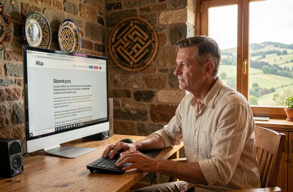Professionnel de l'agence Hitza travaillant sur un site bilingue français-basque dans un studio à l'identité culturelle forte
