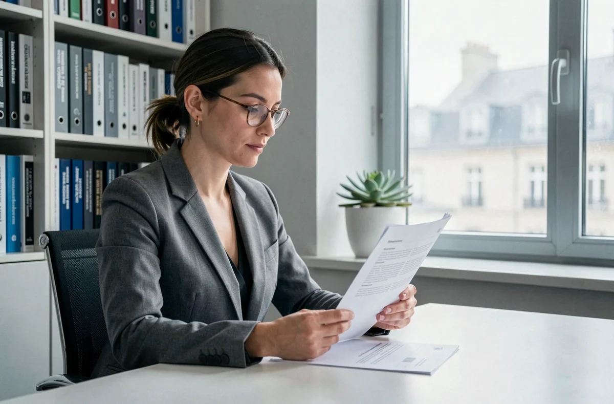 Consultante Holirisk analysant un rapport de gestion des risques dans un bureau professionnel calme