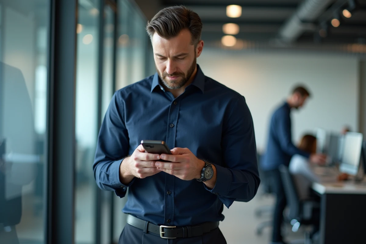 Homme en bureau vérifiant les accusés de lecture sur son smartphone via Gmail