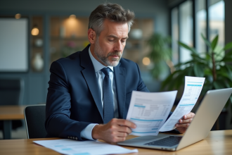 Homme d'affaires en costume bleu compare des devis logiciels