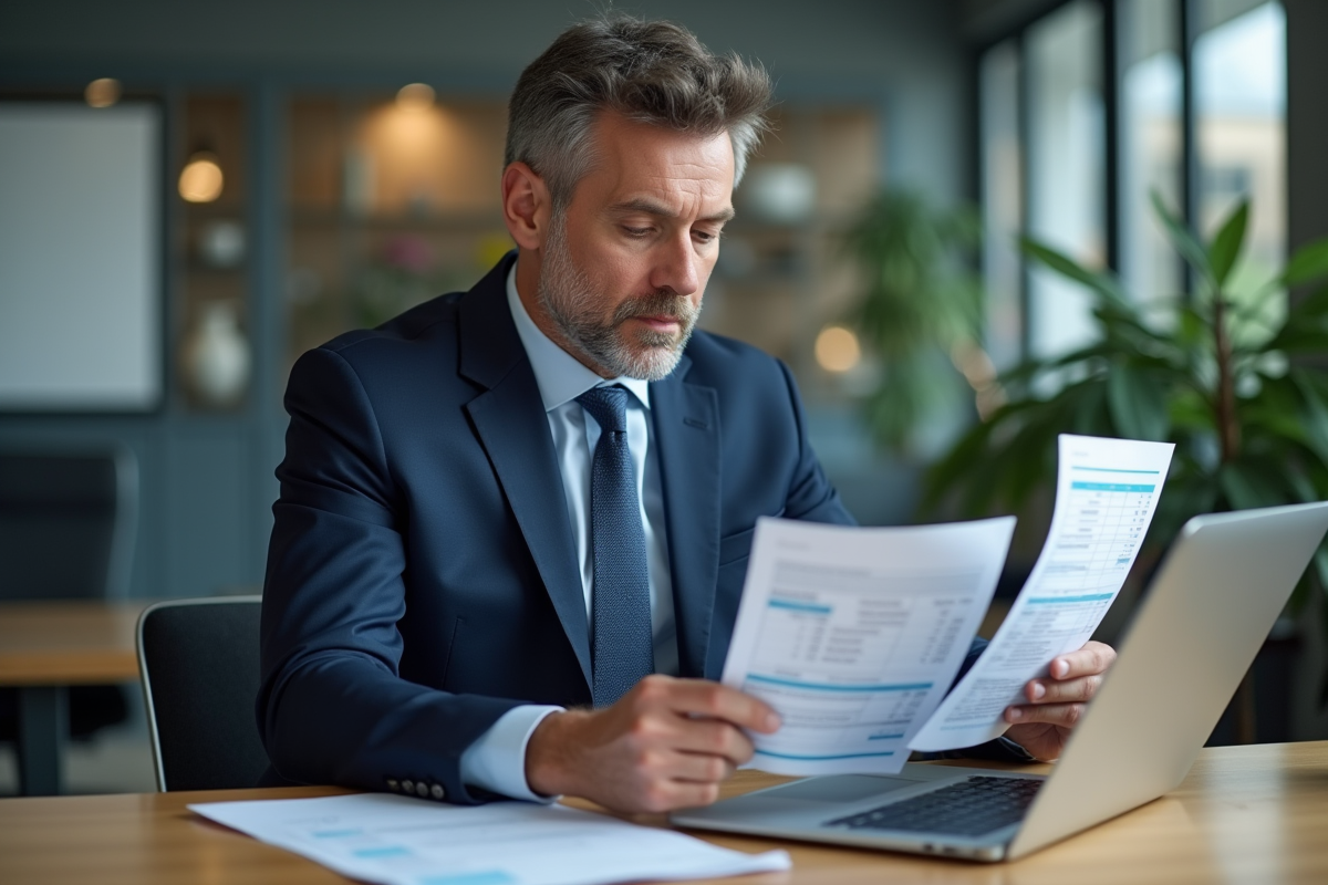 Homme d'affaires en costume bleu compare des devis logiciels