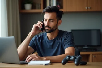 Homme préparant son appel au service client Sony PlayStation depuis son bureau à domicile avec une console visible en arrière-plan