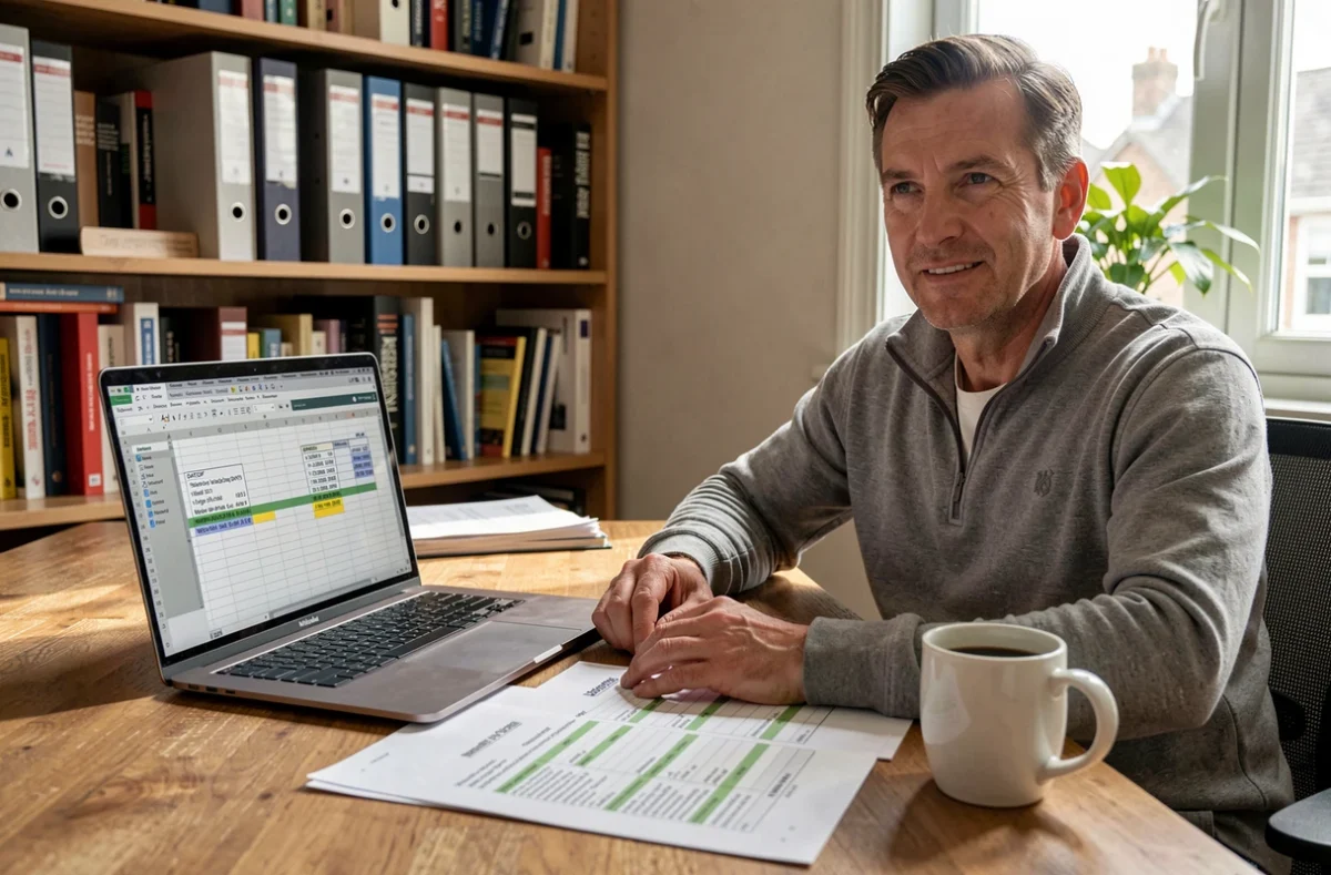 Homme automatisant des rapports Excel avec des formules de calcul d'écart entre dates depuis son bureau à domicile