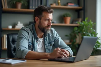 Homme d'âge moyen dans un bureau moderne regardant un routeur wifi